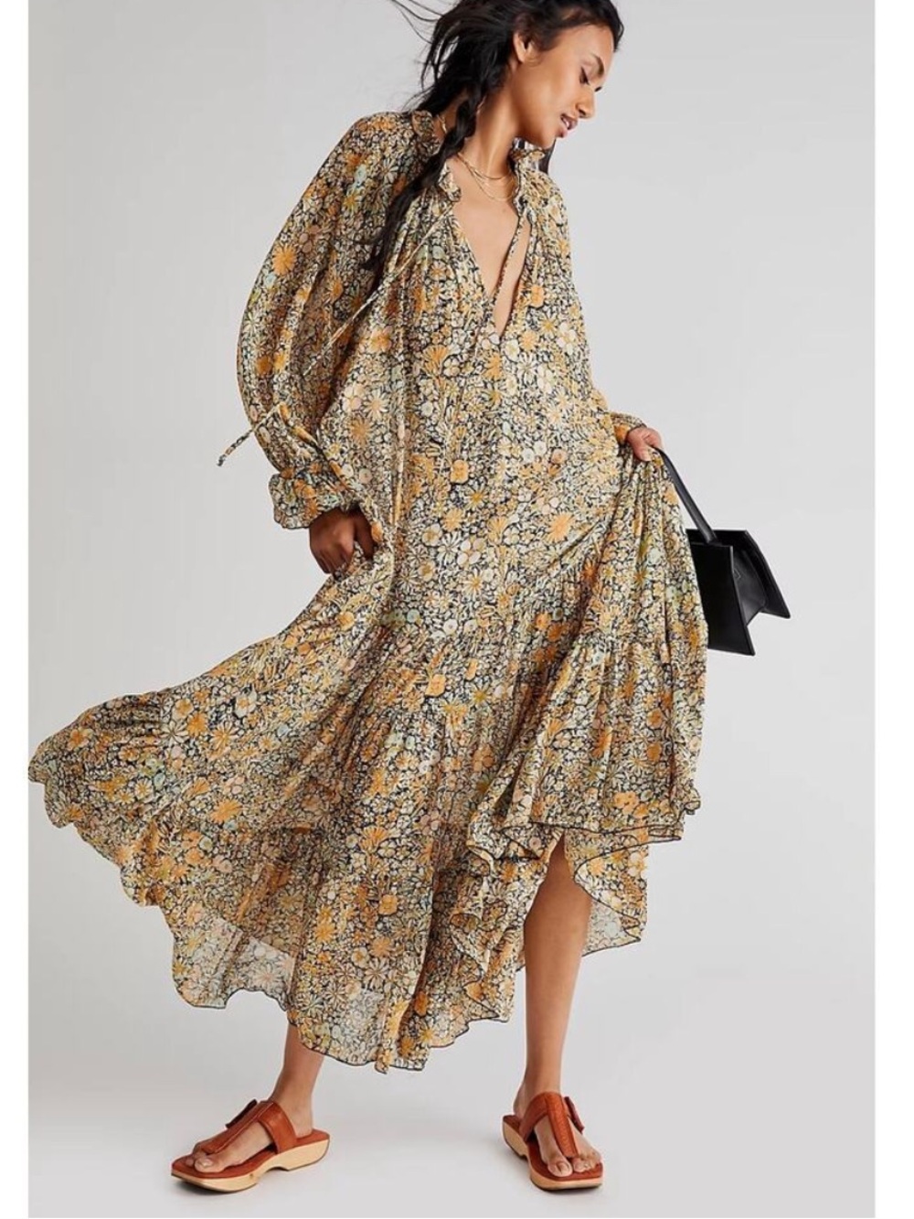 FREE PEOPLE Feeling Groovy Sheer Long Sleeve Floral Print Maxi Dress Size XS